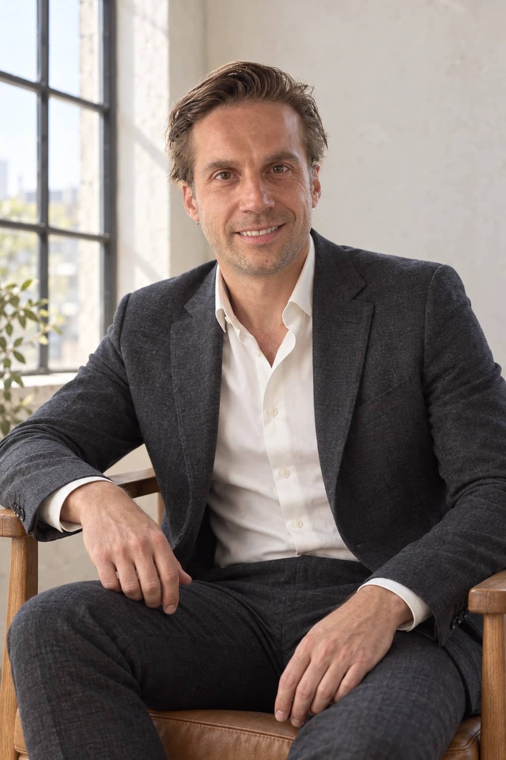 AI-generated editorial photograph of Mathieu smiling in a charcoal suit and ivory shirt beside a daylight studio window.