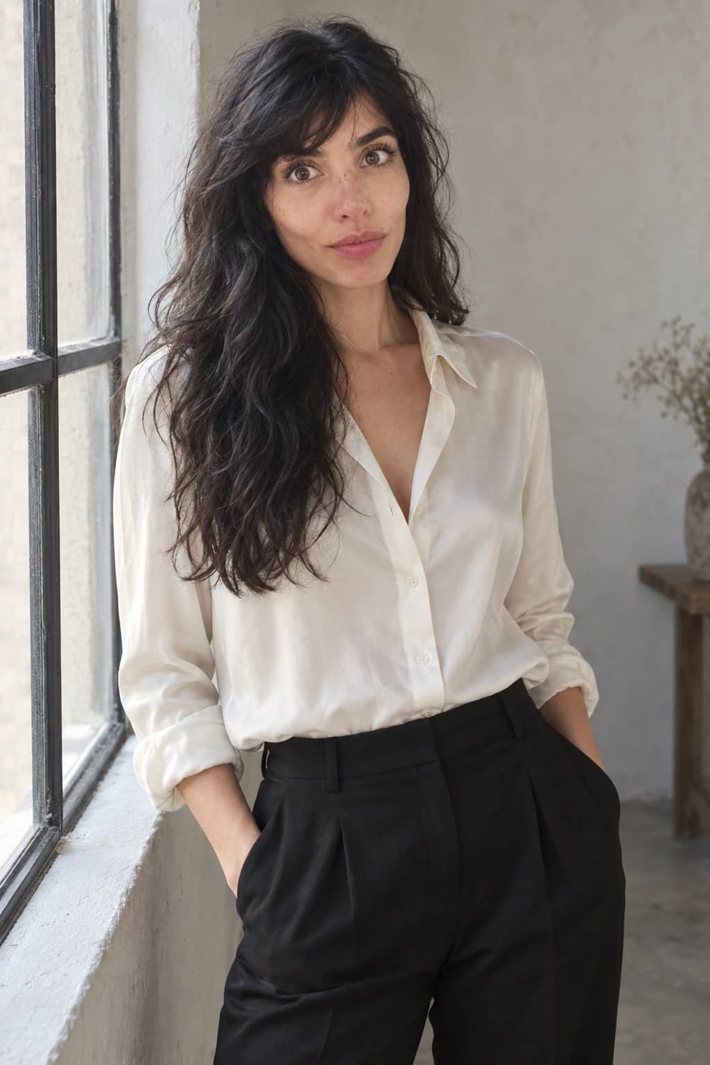 Danielle in a white shirt beside a tall window