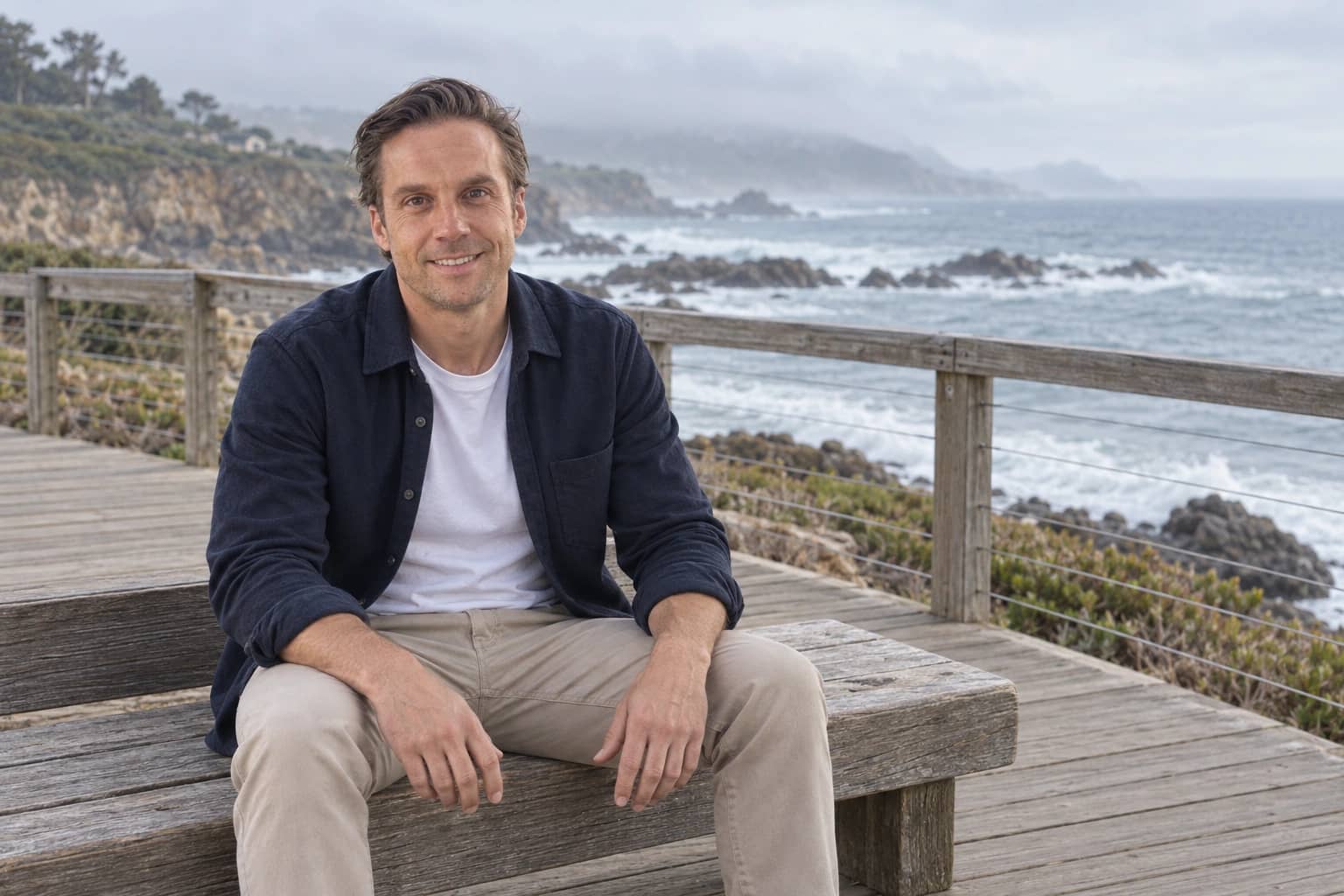 AI-generated editorial photograph of Mathieu on a coastal path in a navy jacket.