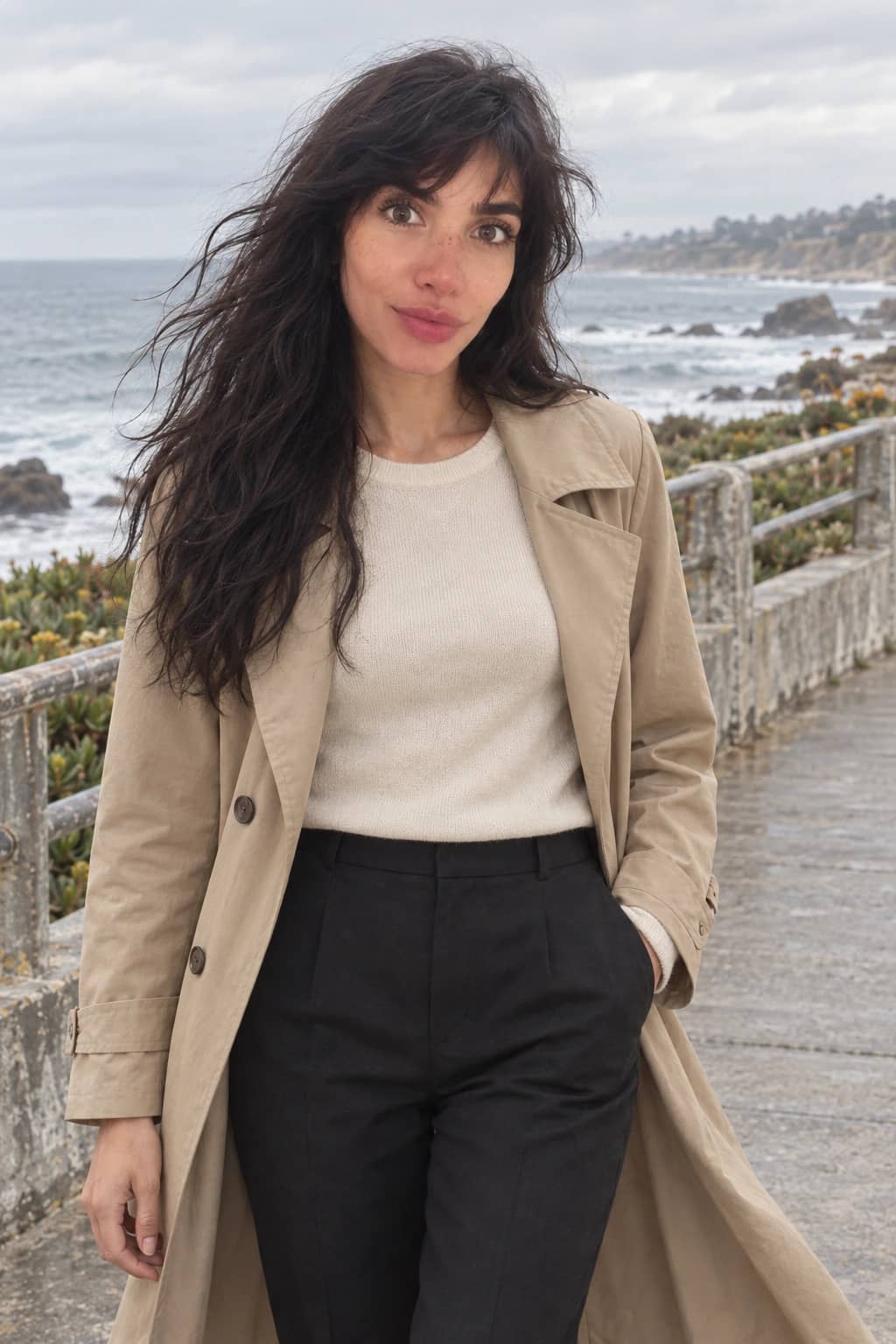 Danielle in a trench coat on a coastal path