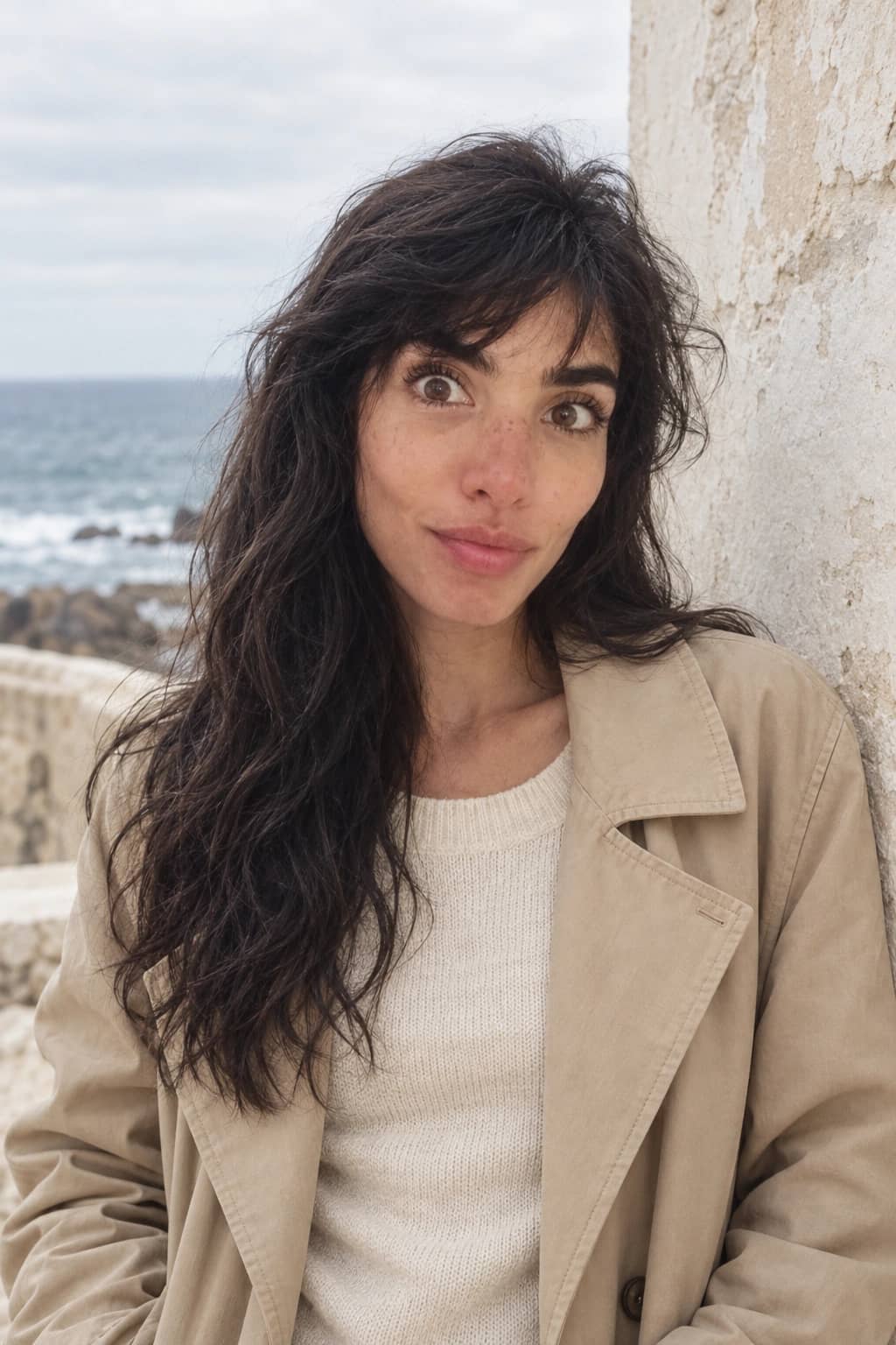 AI-generated close editorial portrait of Danielle on a windswept coastal path.