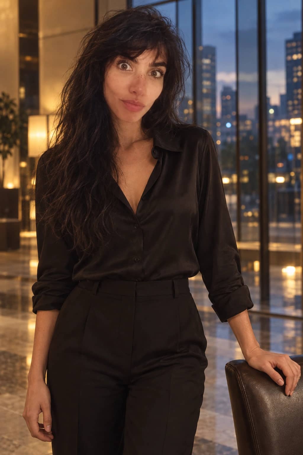 Danielle in a dark shirt against a city skyline at night