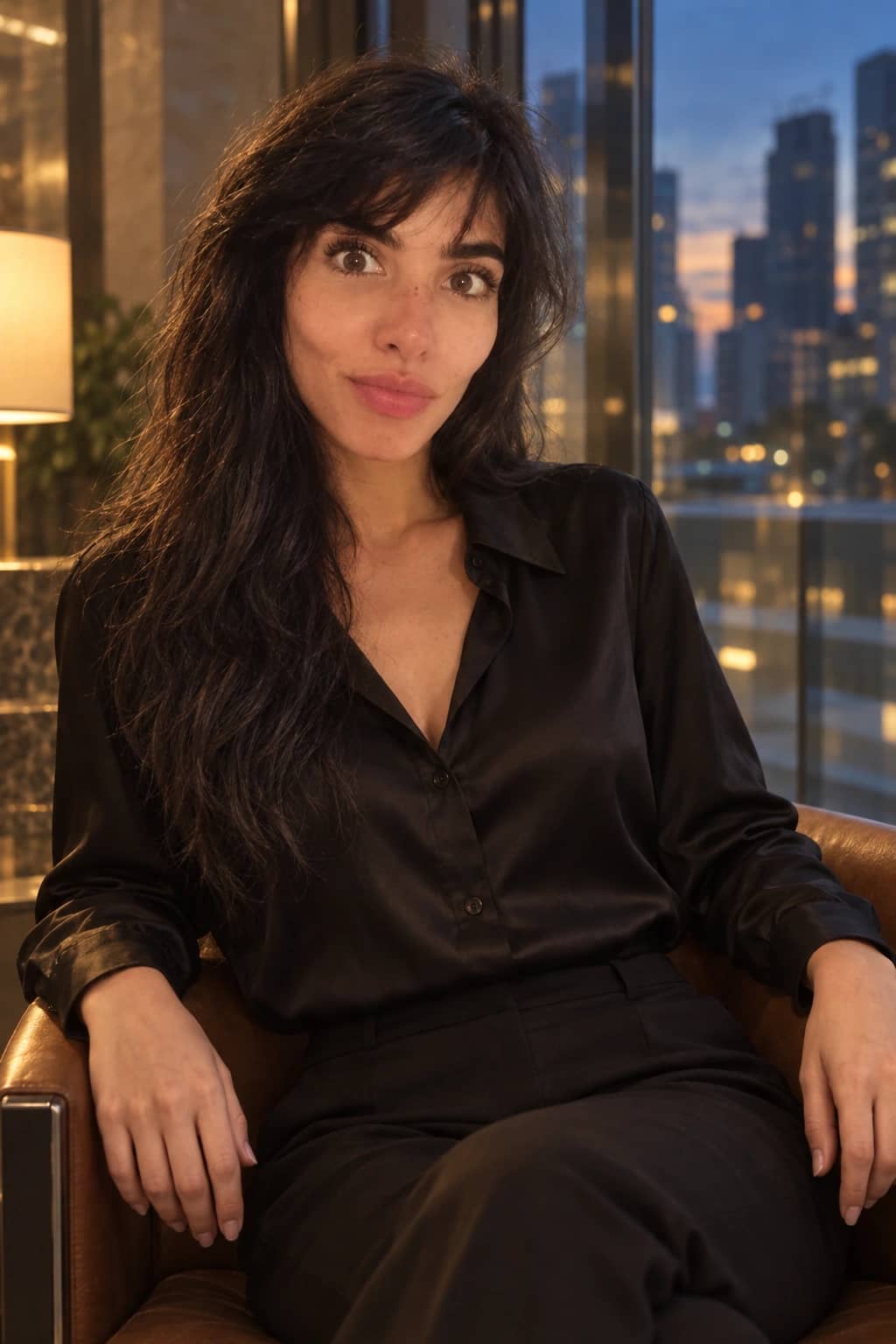 AI-generated editorial photograph of Danielle in a dark shirt against a city skyline at night.