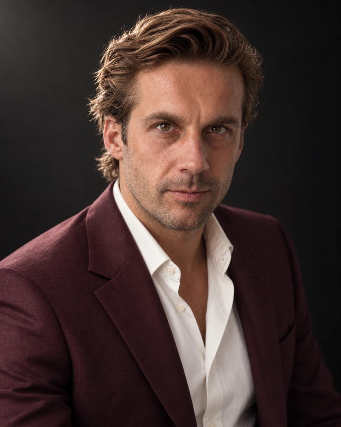 AI-generated editorial portrait of Mathieu in a burgundy jacket