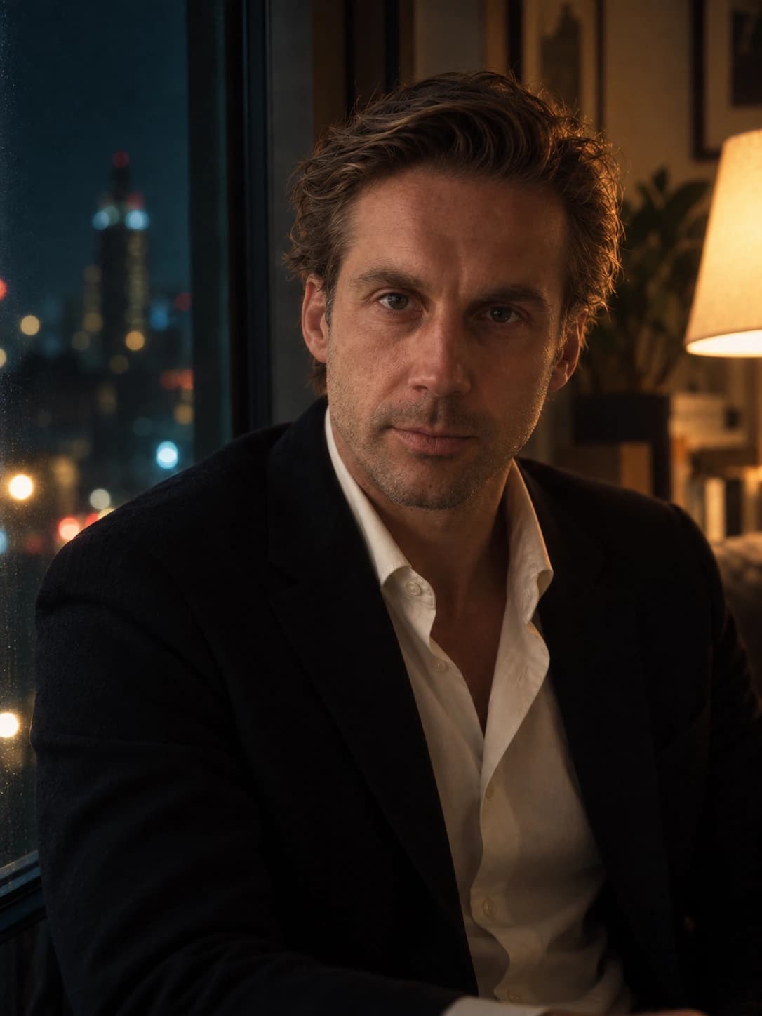 AI-generated editorial portrait of Mathieu beside a night window