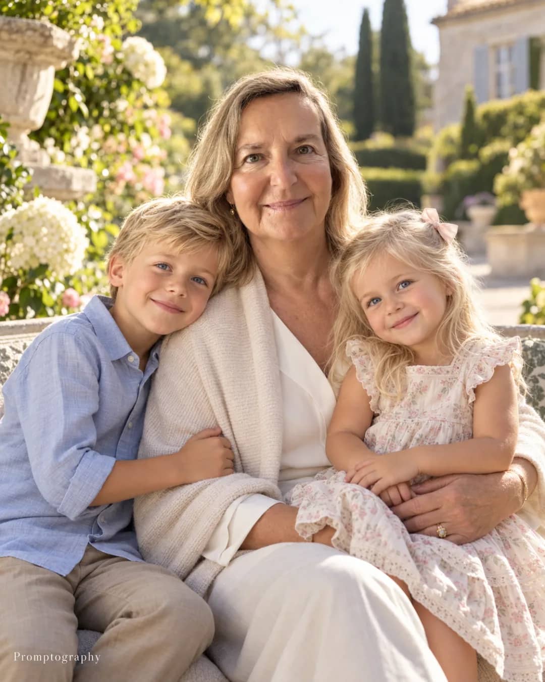 The founder's mother in a sunlit garden with her two grandchildren on her lap