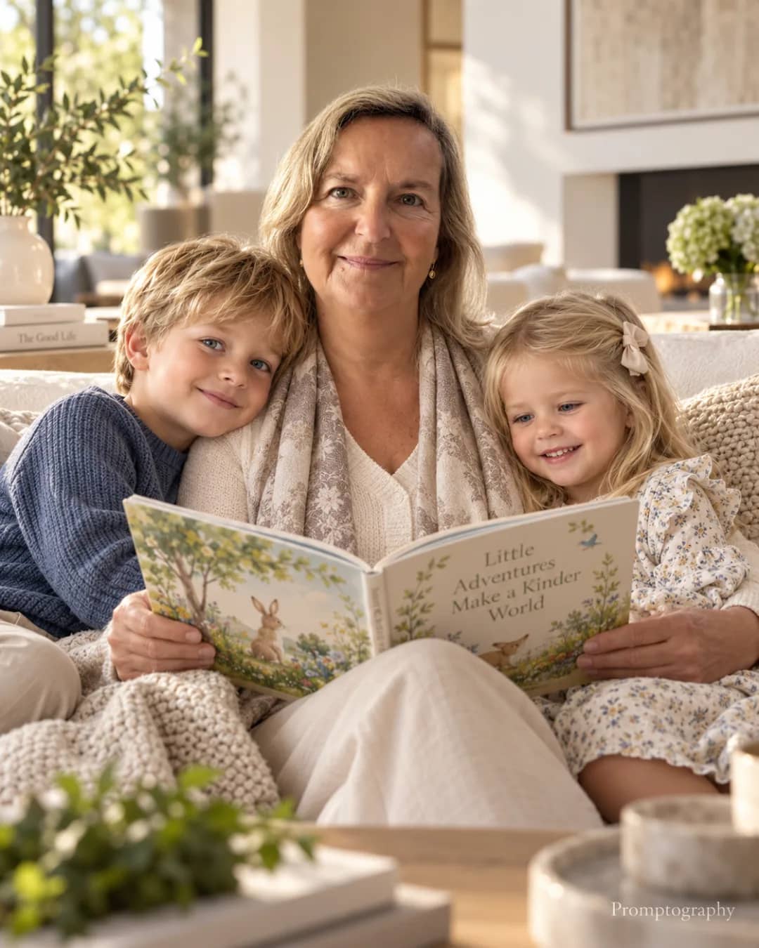 Grandmother reading a picture book to two children on a sofa