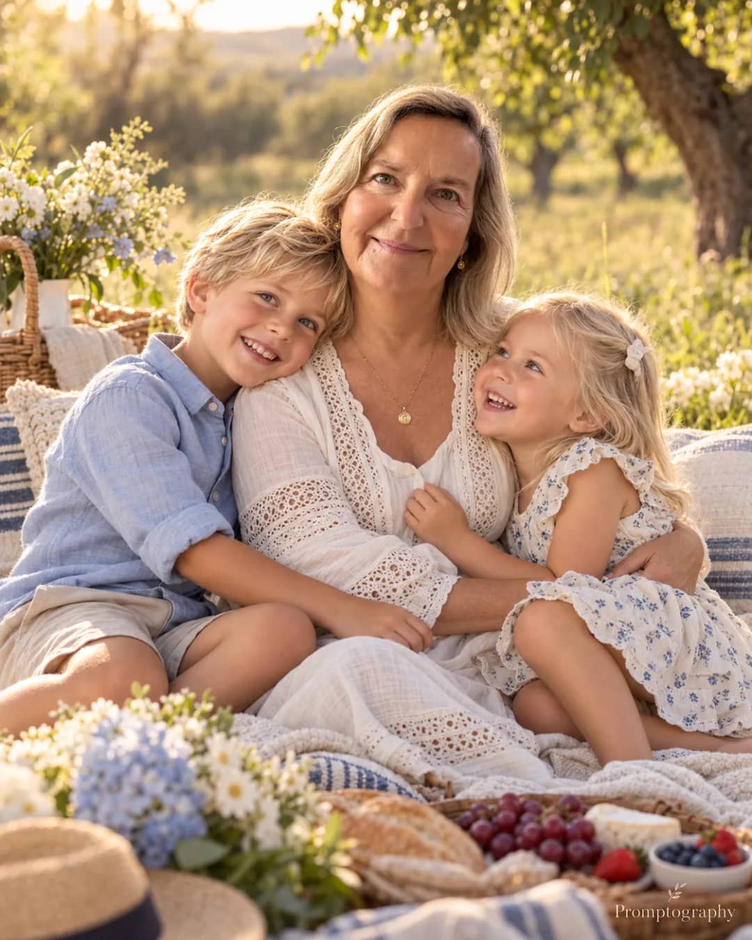 Grandmother and grandchildren laughing together at a picnic