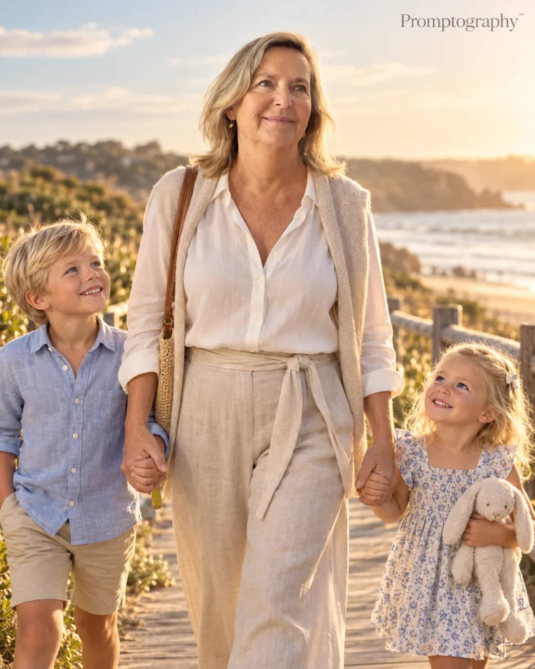 Grandmother walking a boardwalk hand in hand with two children