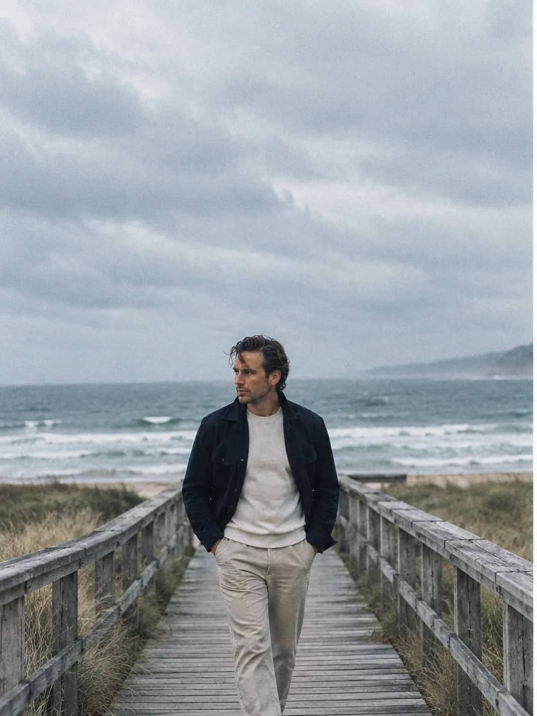 AI-generated photograph of Mathieu walking a dune boardwalk toward the camera
