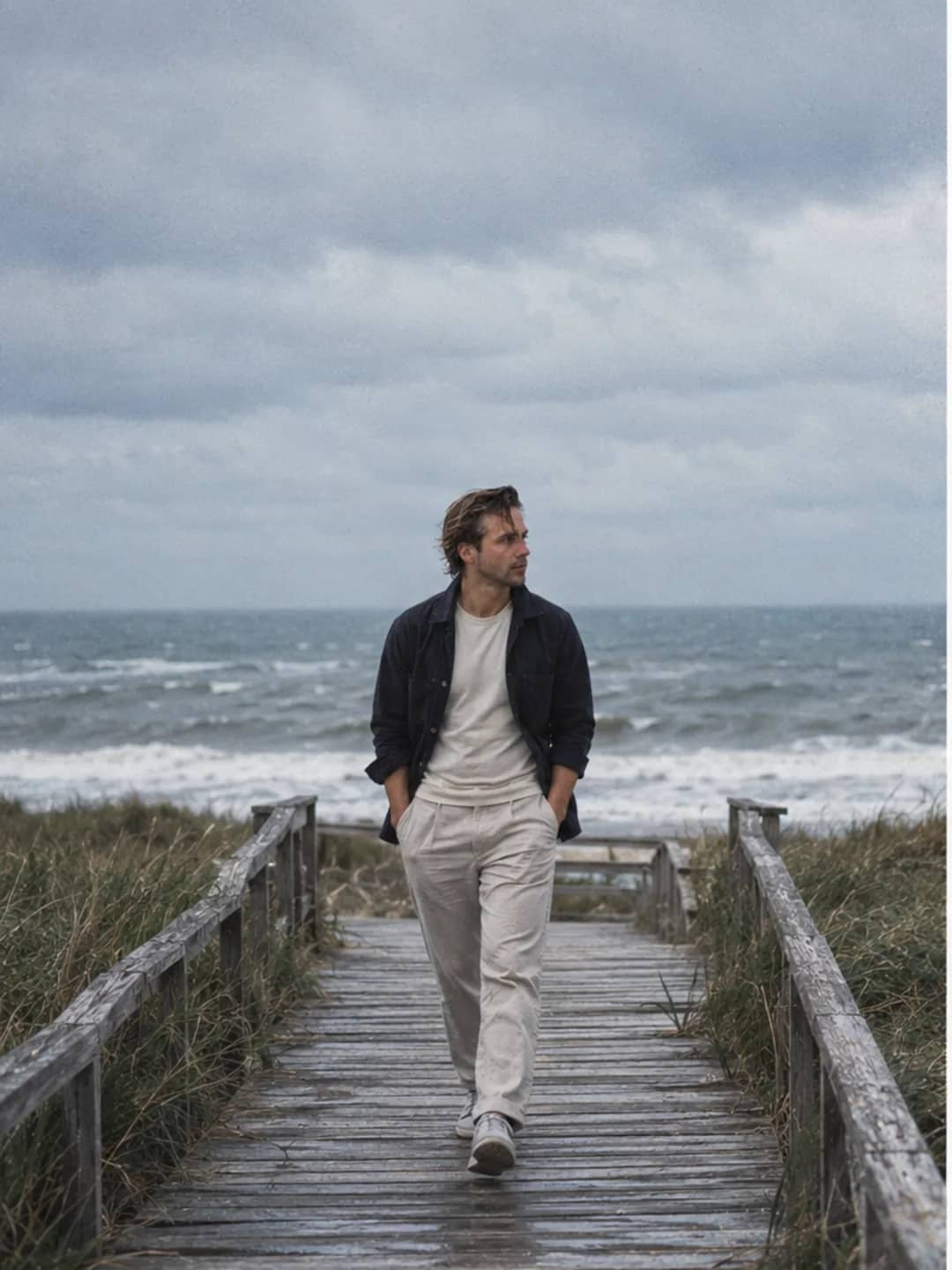 AI-generated photograph of Mathieu walking a boardwalk toward a grey winter sea
