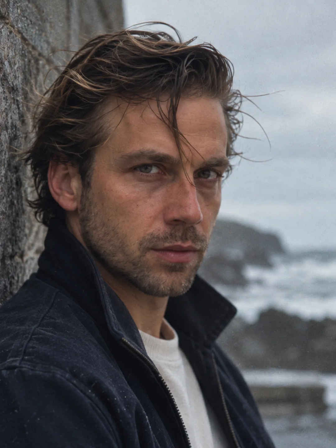 AI-generated portrait of Mathieu close against a wet sea wall, hair pushed back by the wind
