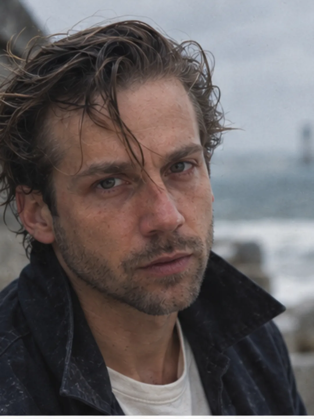 AI-generated portrait of Mathieu against a sea wall under an overcast sky