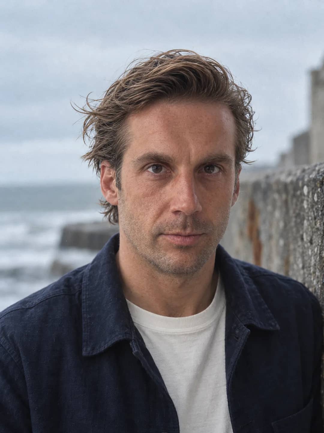 AI-generated photograph of Mathieu in a navy jacket in front of a harbour wall