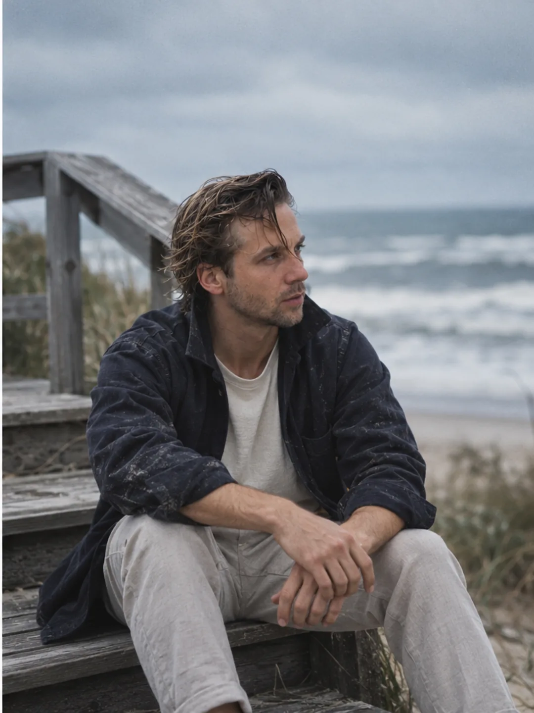 AI-generated photograph of Mathieu sitting on weathered wooden steps above a beach
