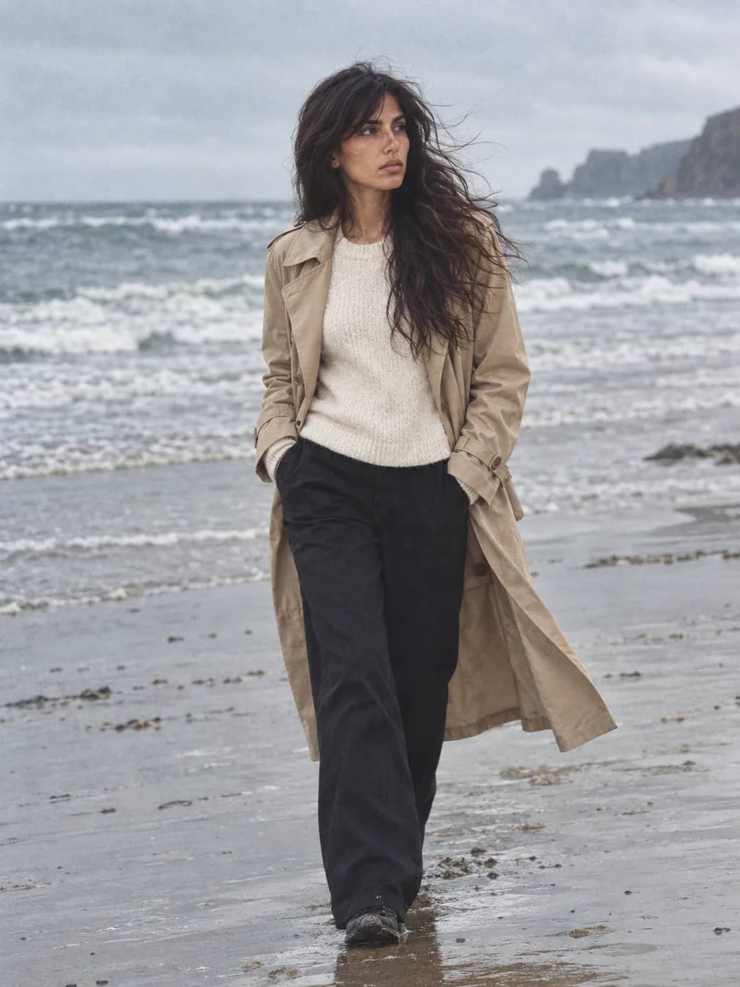 AI-generated photograph of Danielle walking a beach in a trench coat