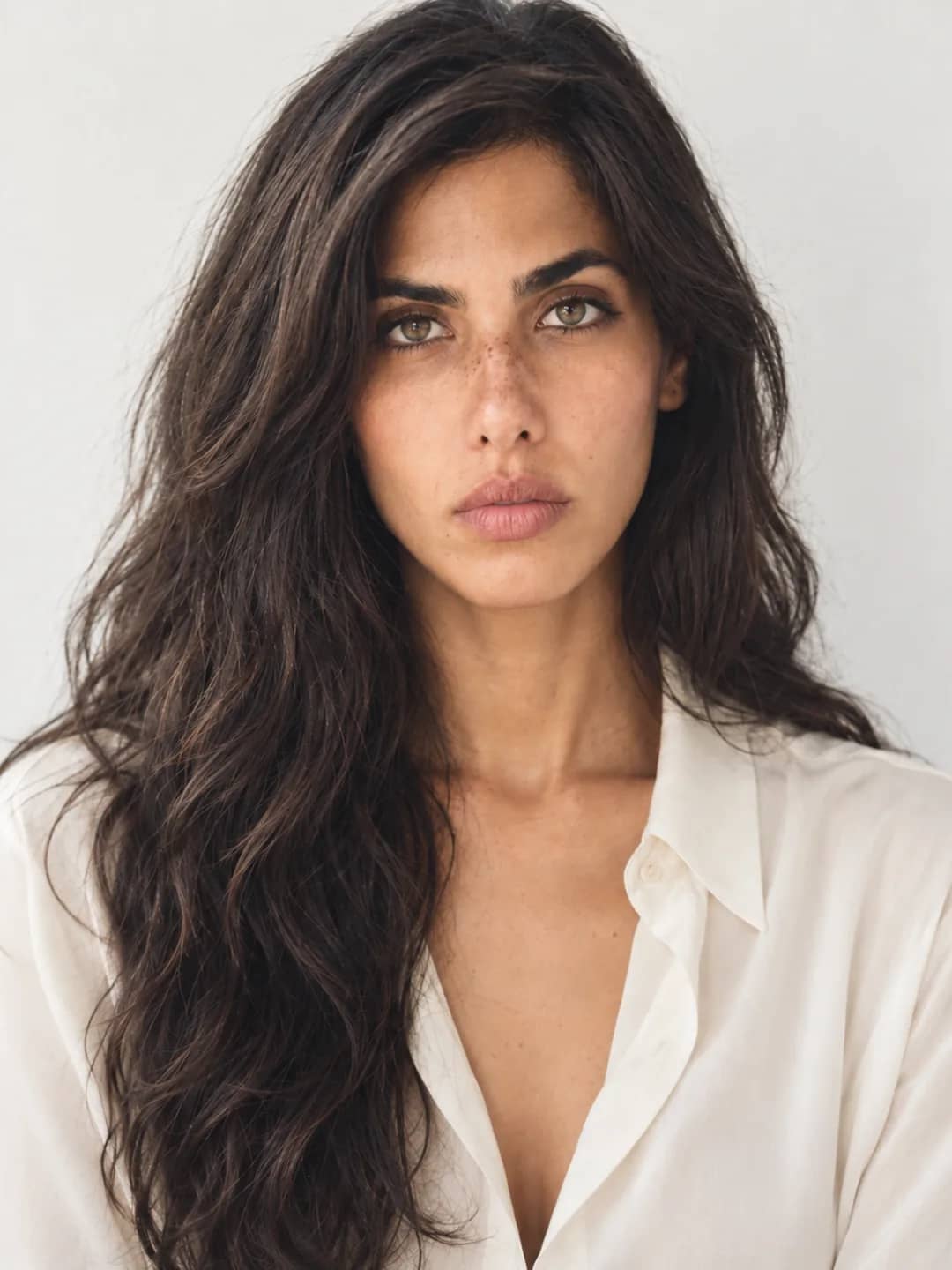 AI-generated studio portrait of Danielle in a white shirt against a pale wall