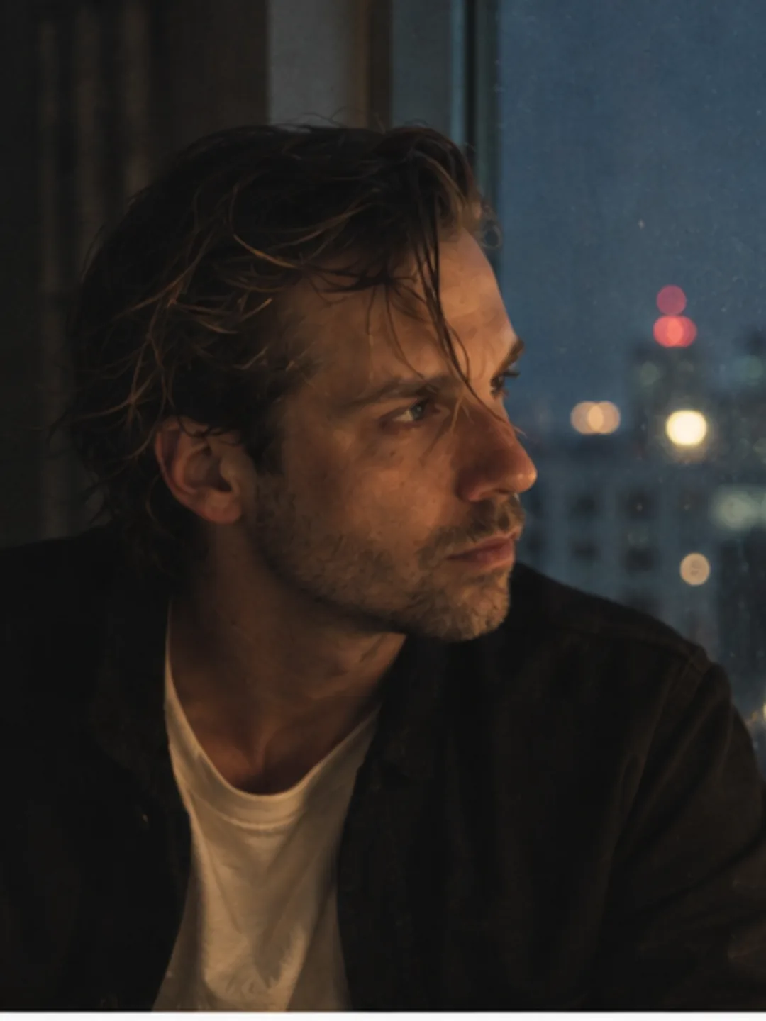 AI-generated portrait of Mathieu looking out over a city at night