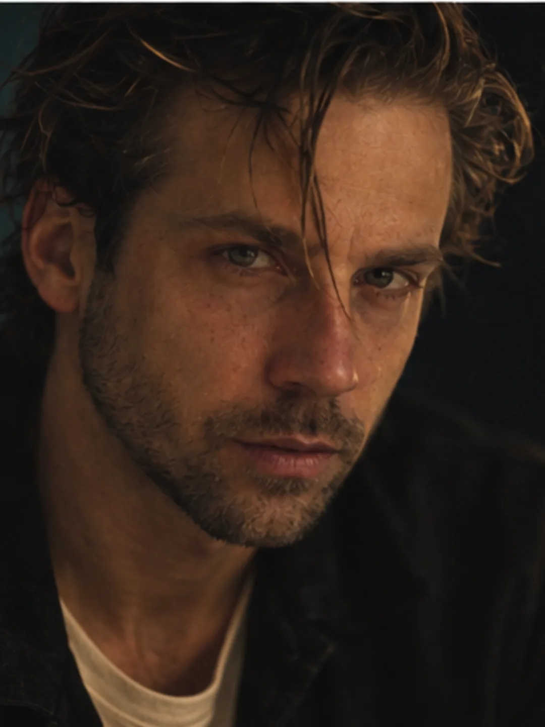 AI-generated close portrait of Mathieu in a dark room, direct to camera