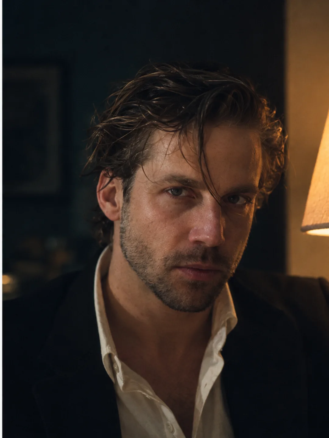 AI-generated portrait of Mathieu in lamplight in a dark room, collar open