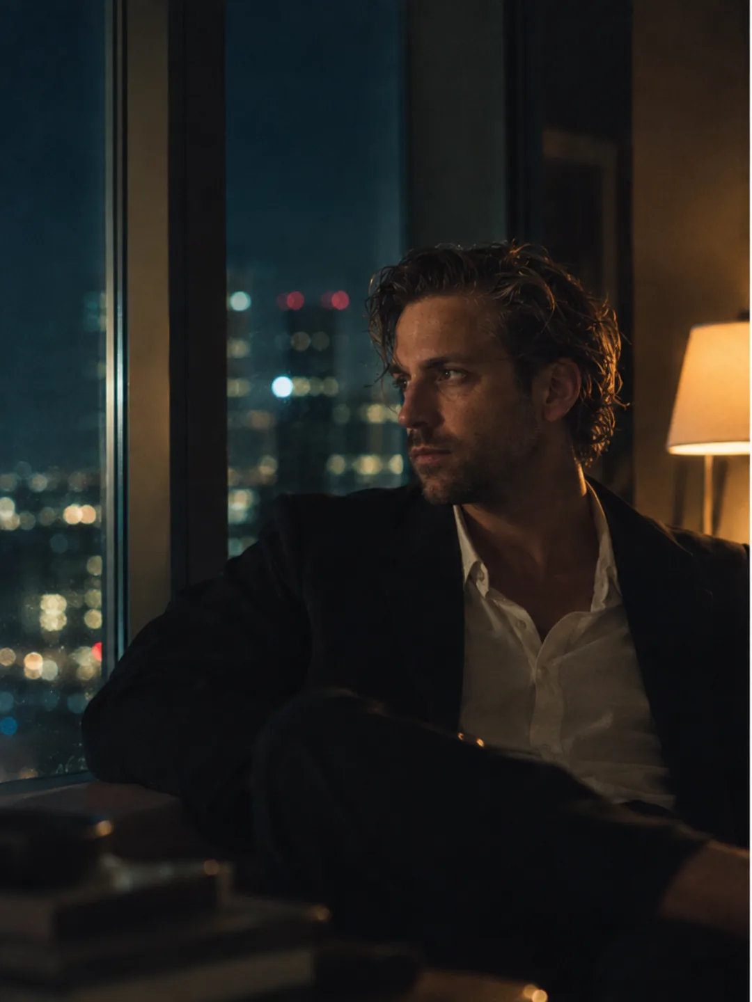 AI-generated photograph of Mathieu against a night skyline seen through glass
