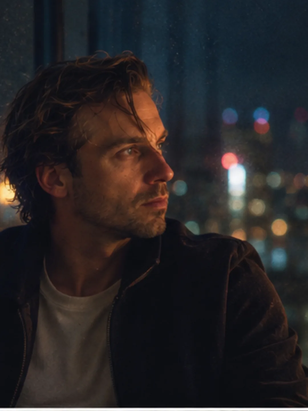AI-generated photograph of Mathieu seated by a window with a city skyline behind him