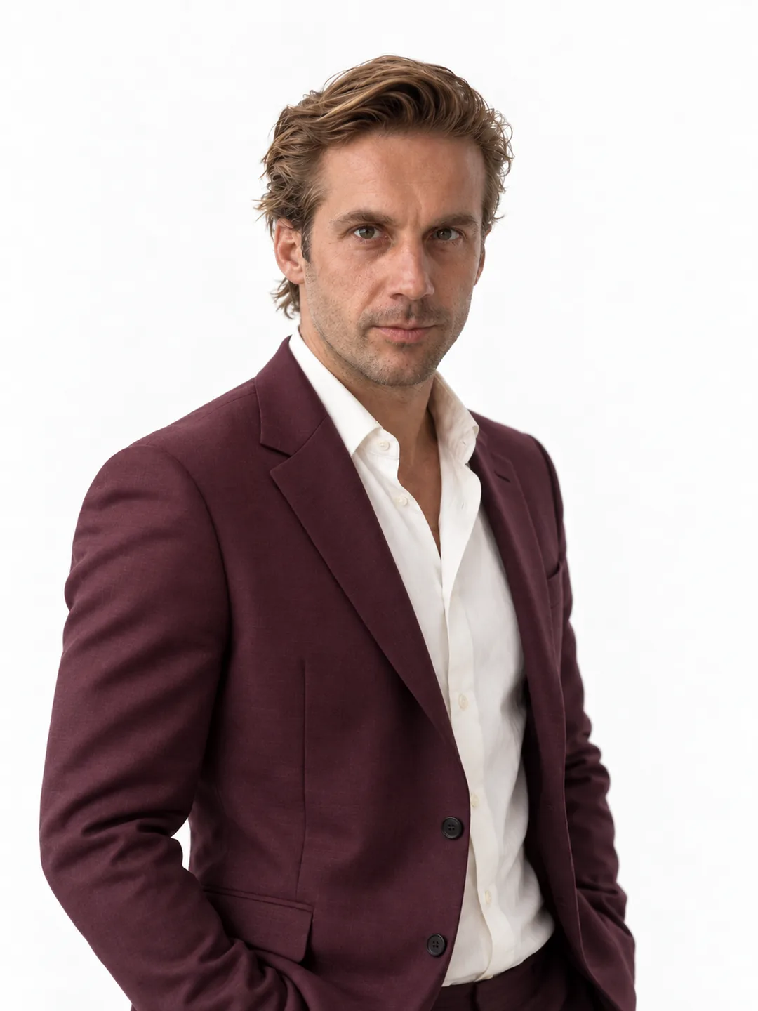 AI-generated studio portrait of Mathieu in a burgundy blazer and open white shirt