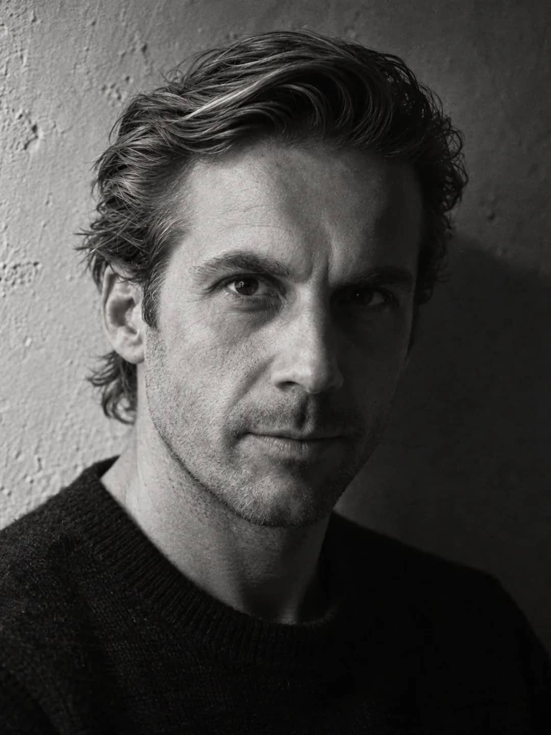 AI-generated black-and-white studio portrait of Mathieu in a dark knit against a plaster wall