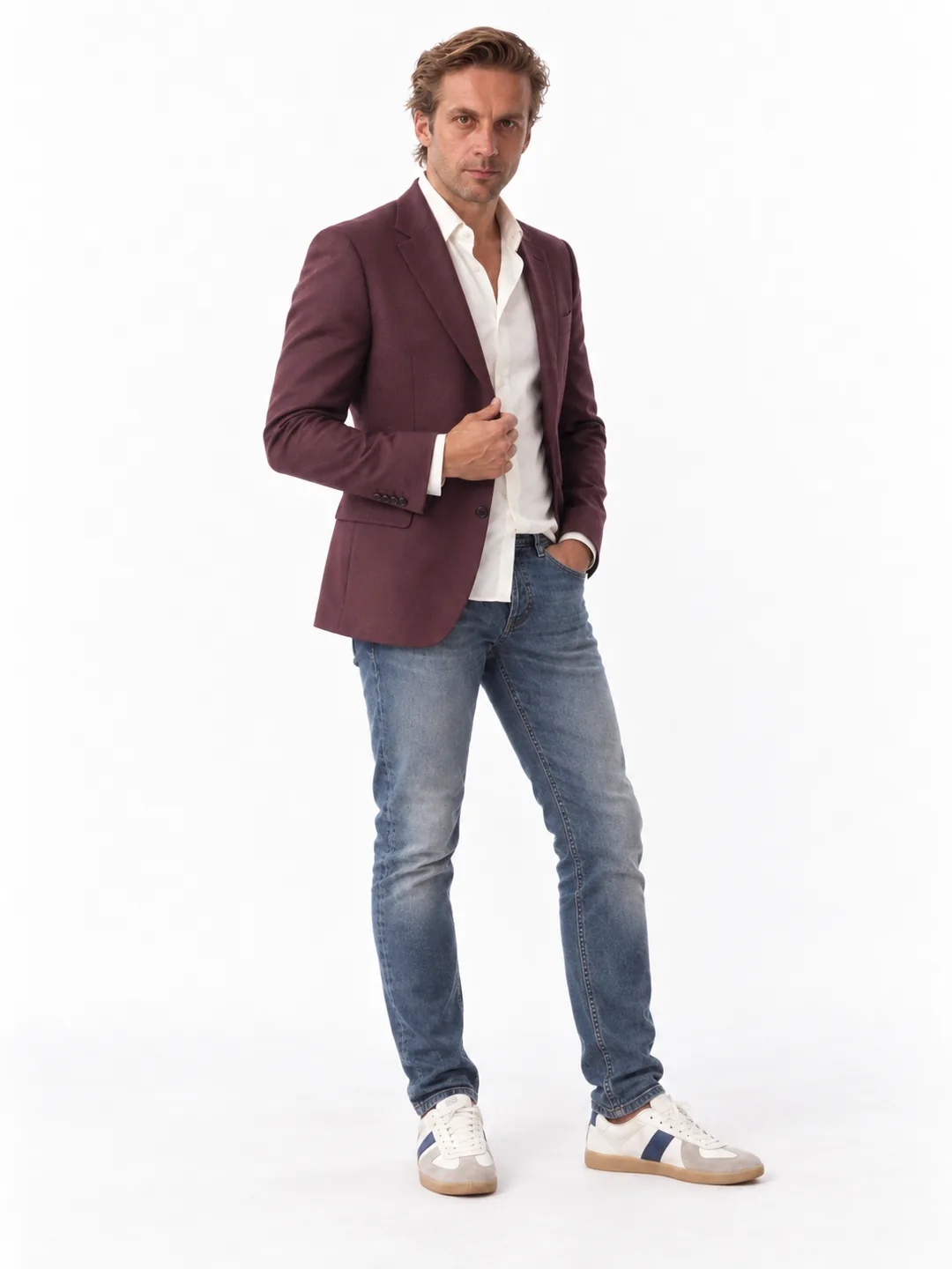 AI-generated full-length studio photograph of Mathieu in a burgundy blazer, white shirt and jeans