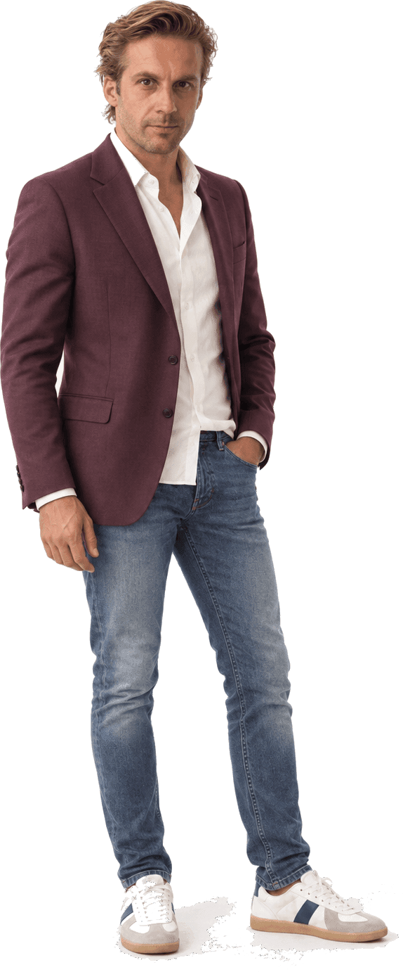 AI-generated full-length portrait of the founder standing in a burgundy blazer, white shirt and jeans, cut out against the page