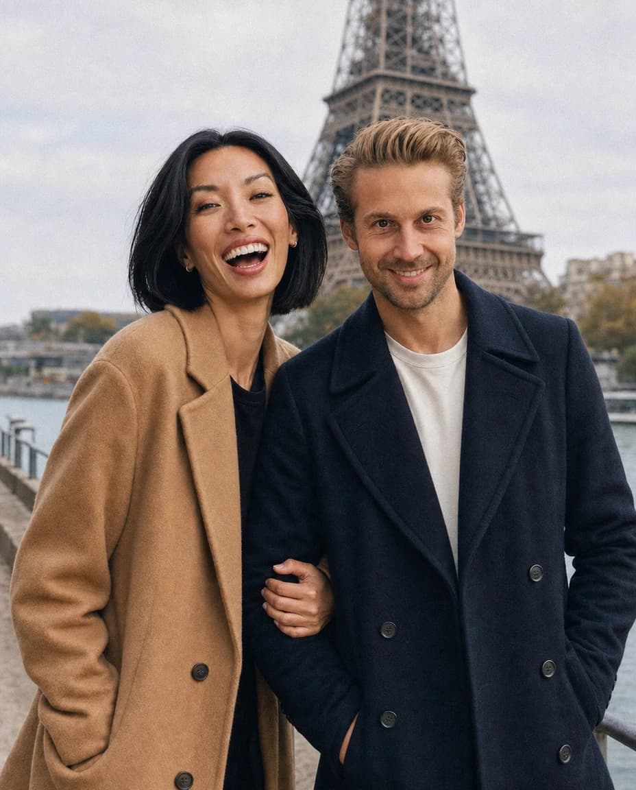 AI-generated photo of the couple embracing in front of the Eiffel Tower