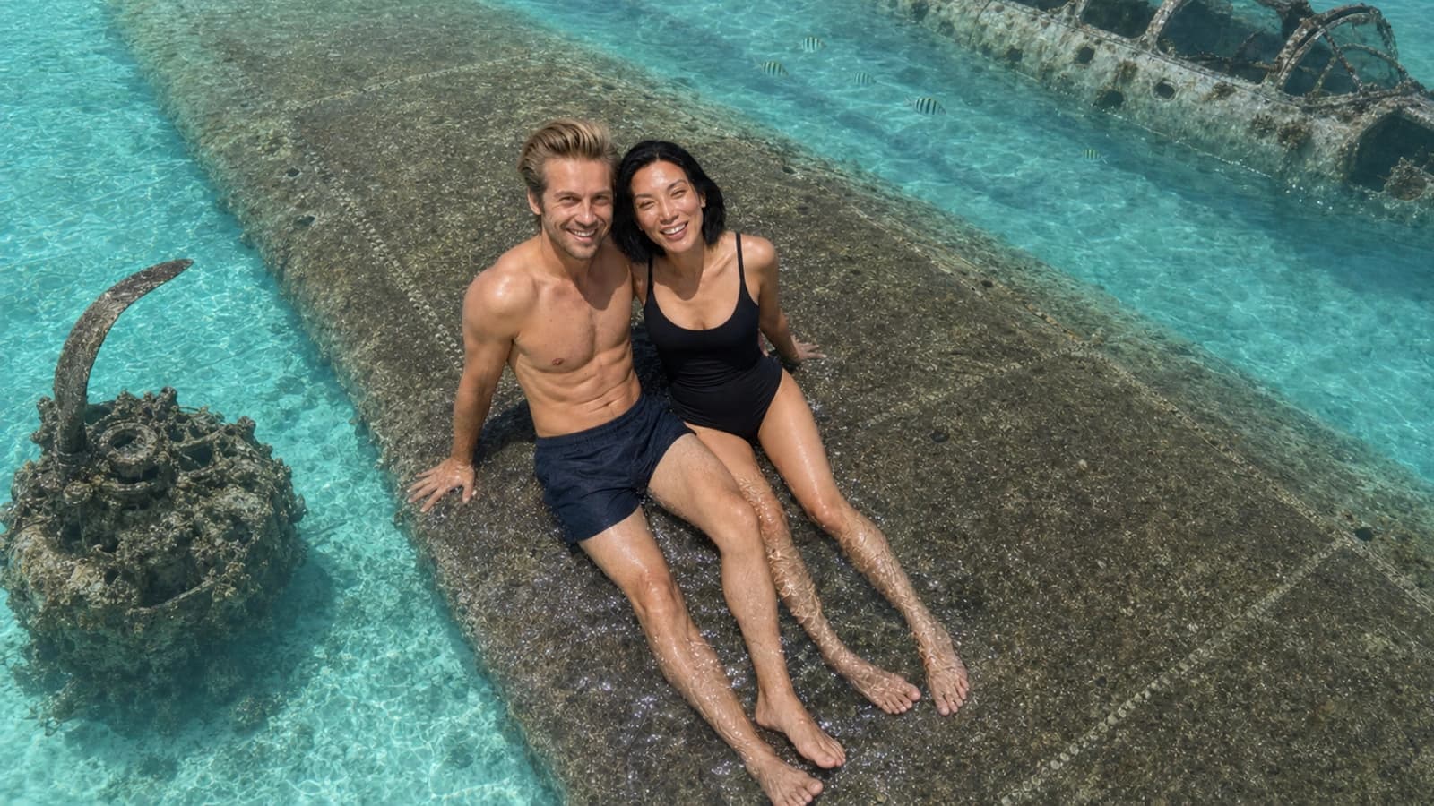 AI-generated photo of the couple seated together on the awash wing of the sunken Curtiss C-46 drug-runner wreck at Norman's Cay, water sheeting over the encrusted metal, its detached radial engine at left