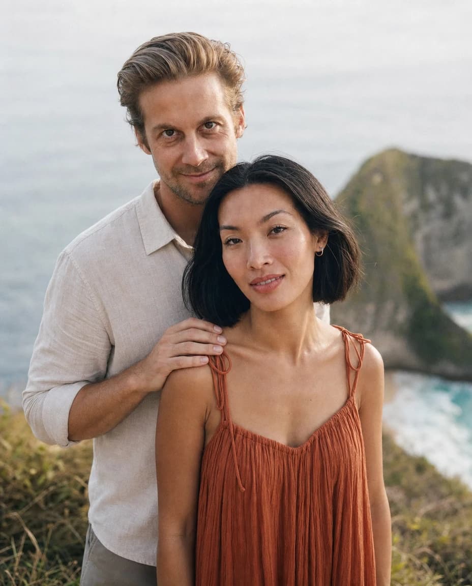 AI-generated photo of the couple above the Kelingking headland at Nusa Penida