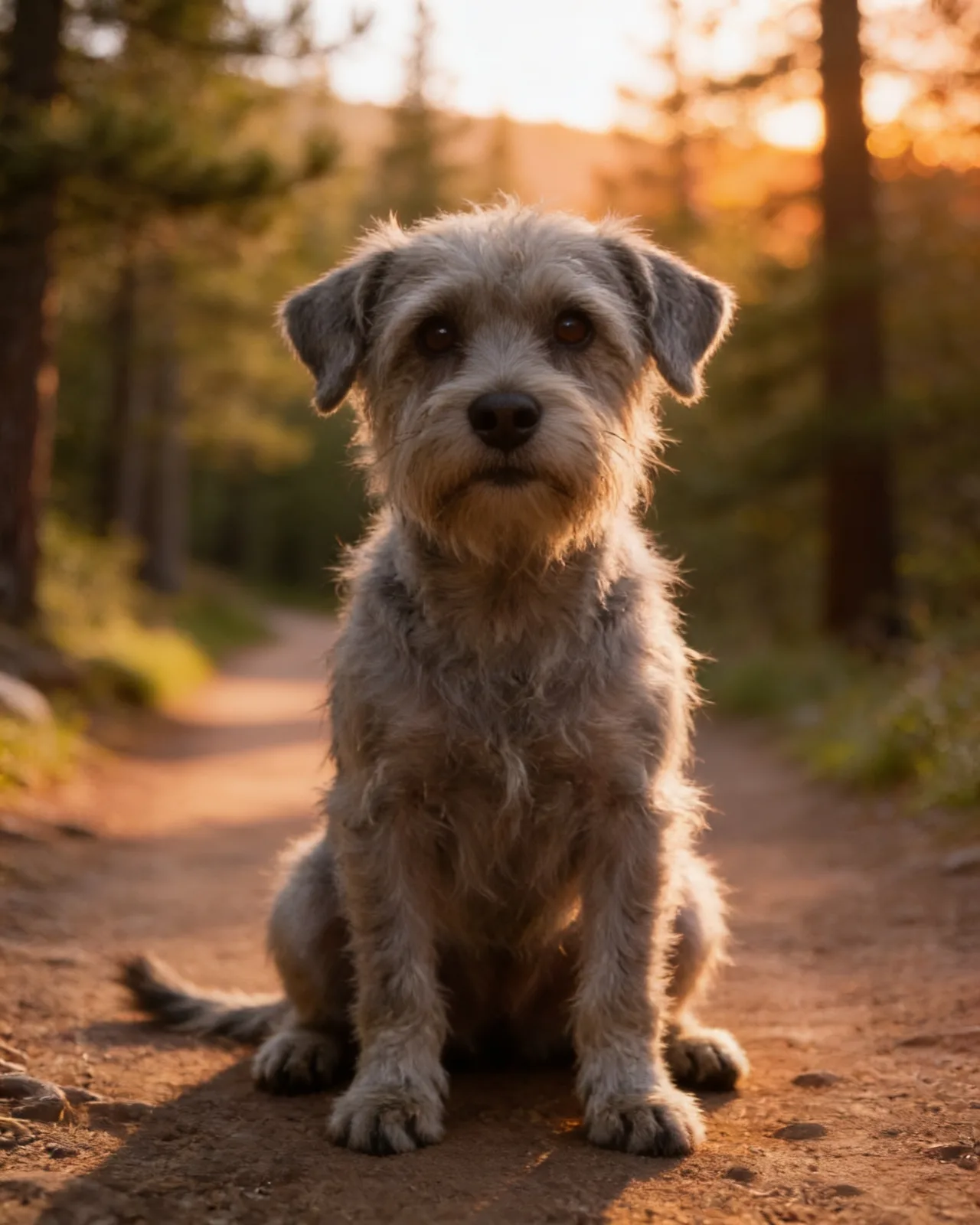 AI-generated portrait of Dexter, a scruffy grey terrier-mix, on a sunlit trail
