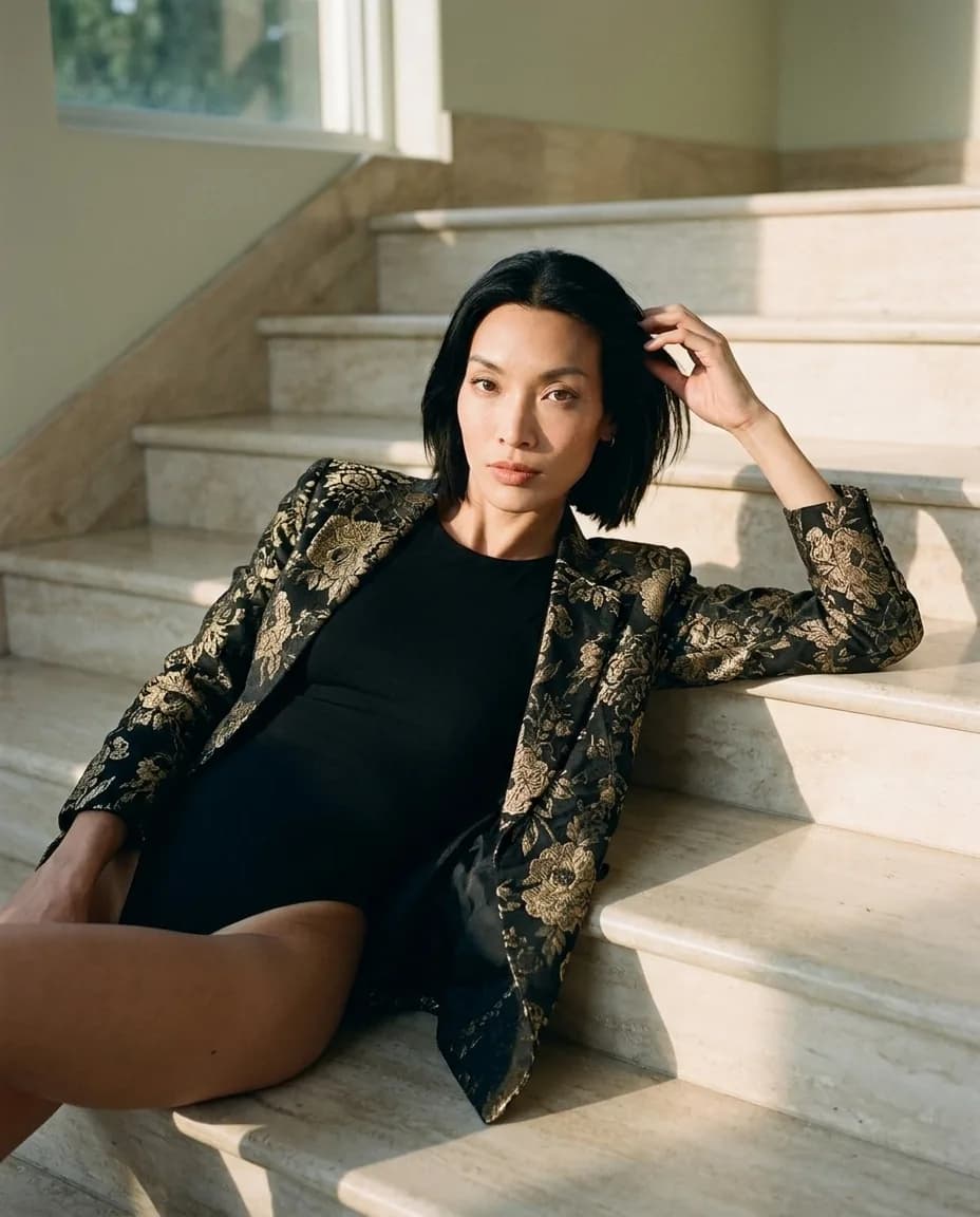 AI-generated editorial of Piya reclining on marble stairs in a brocade blazer under raking light