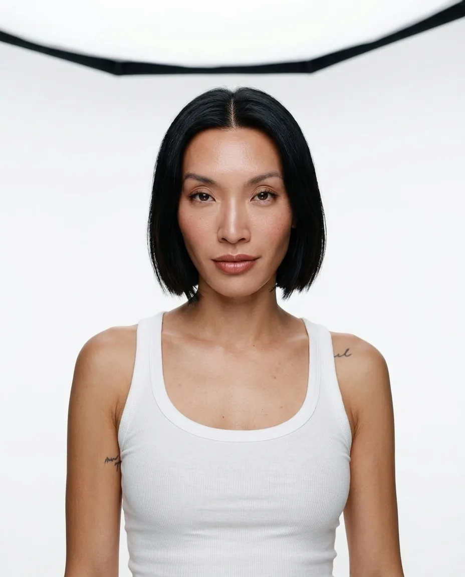 AI-generated frontal studio beauty portrait of model Piya (Piyawan Chitsamran) with a chin-length black bob