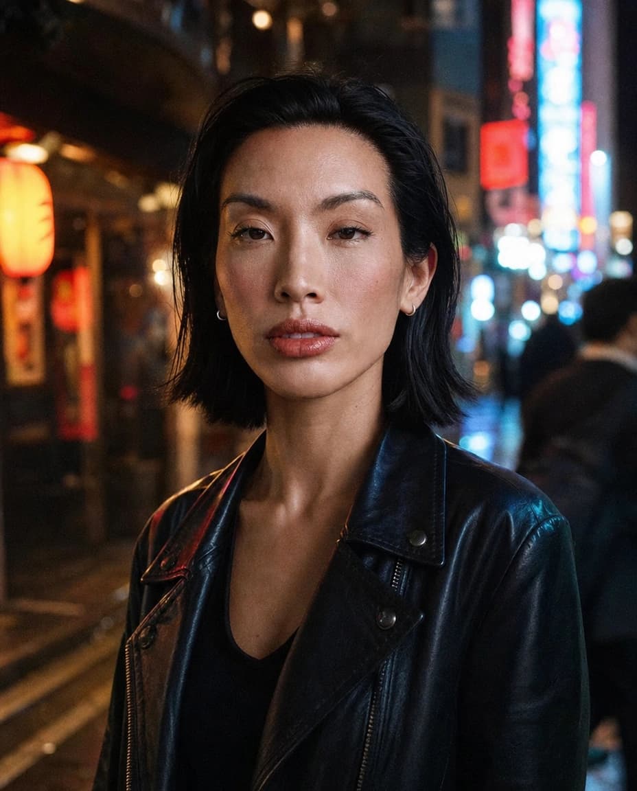 AI-generated night portrait of Piya on a neon Tokyo street with halation and teal-orange bokeh