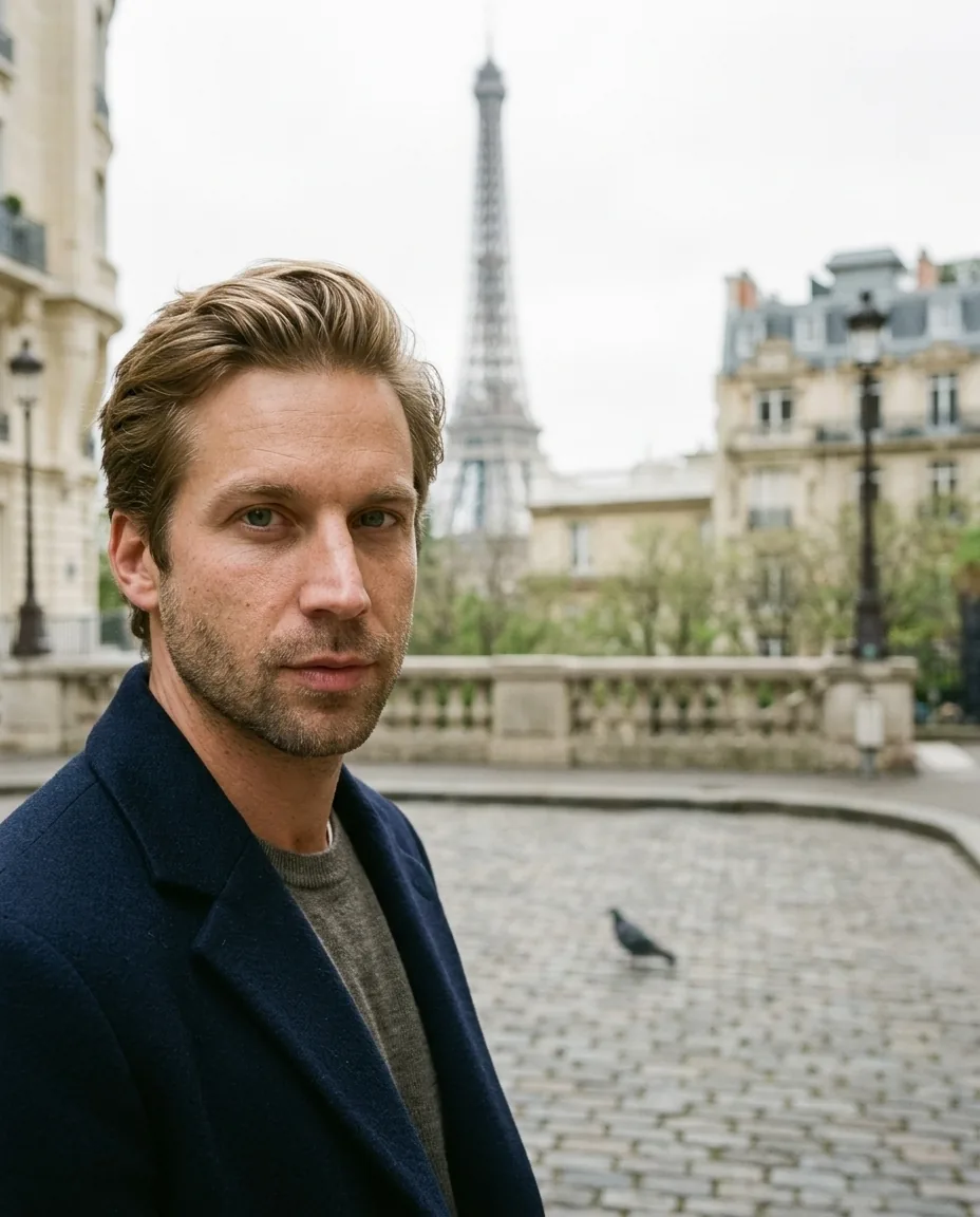 AI-generated portrait of Mathieu in a navy overcoat before the Eiffel Tower on an overcast day