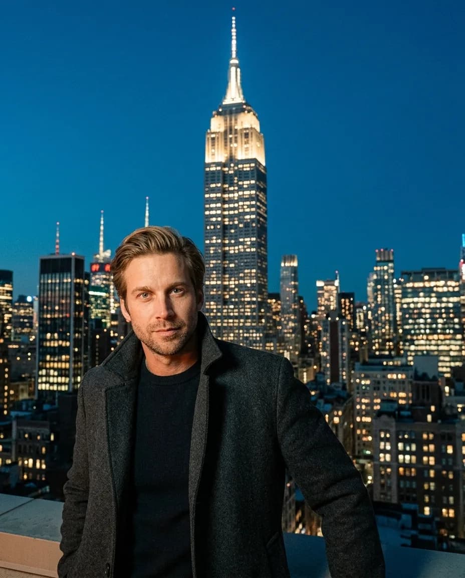 AI-generated portrait of Mathieu on a New York rooftop with the Empire State Building behind