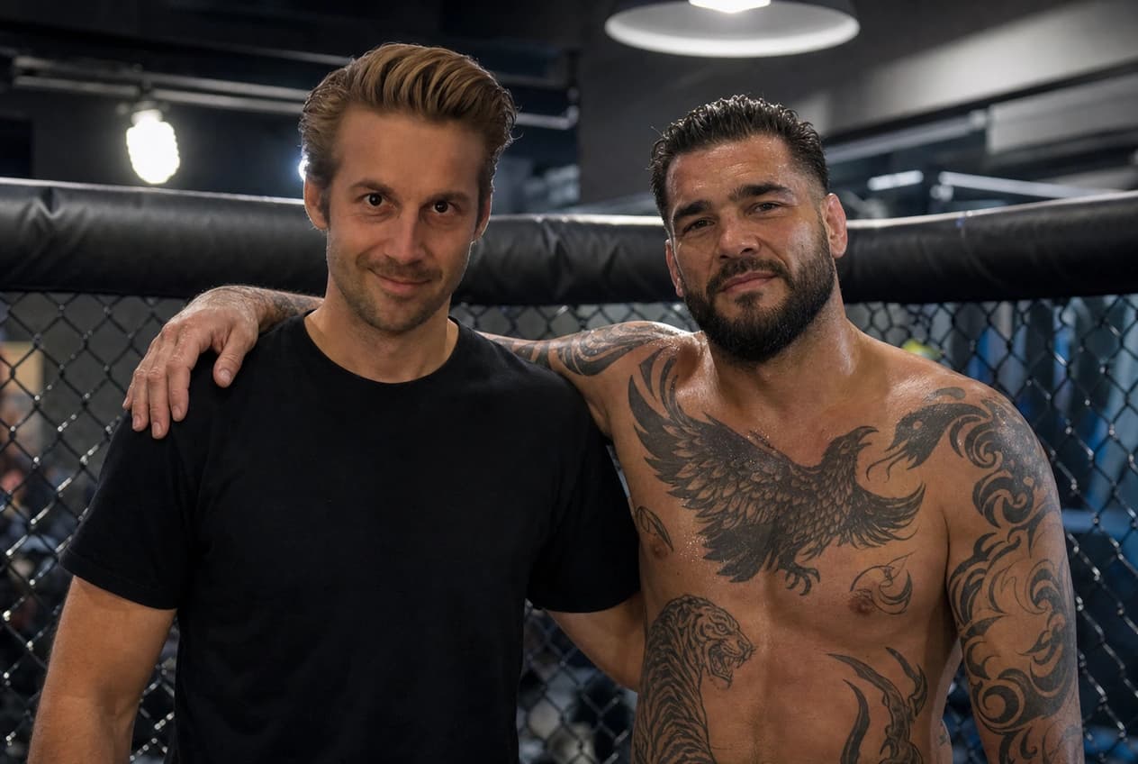 AI-generated fantasy scene of Mathieu beside a tattooed MMA fighter inside an octagon cage — fictional, not a real event