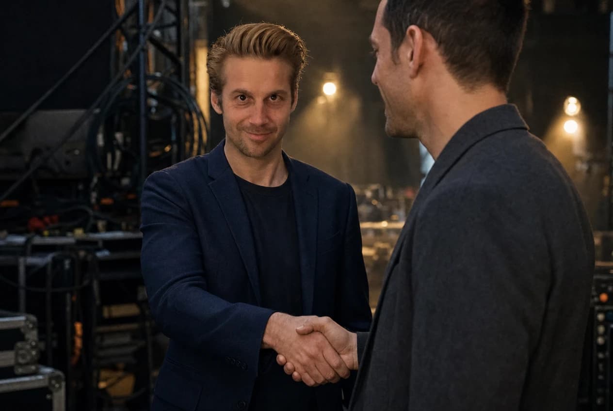 AI-generated fantasy scene of Mathieu shaking hands with an Elon Musk lookalike — fictional, not a real event