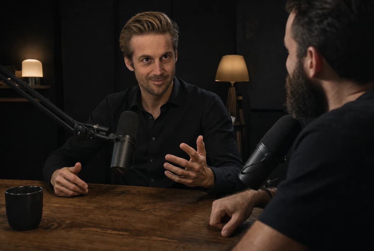 AI-generated photo of Mathieu as a guest at a podcast table, microphones and studio lights around him