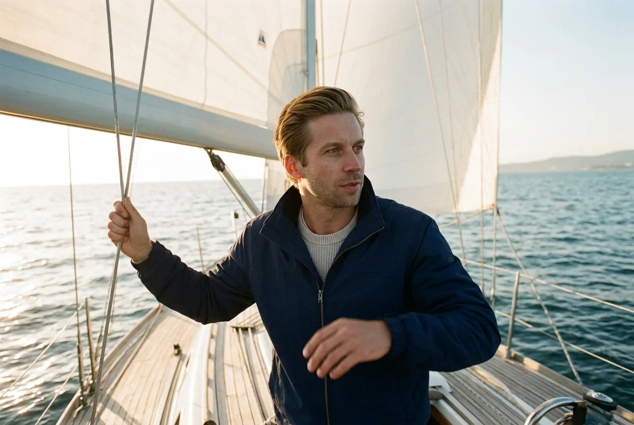 AI-generated photo of Mathieu at the helm of a sailboat in open water