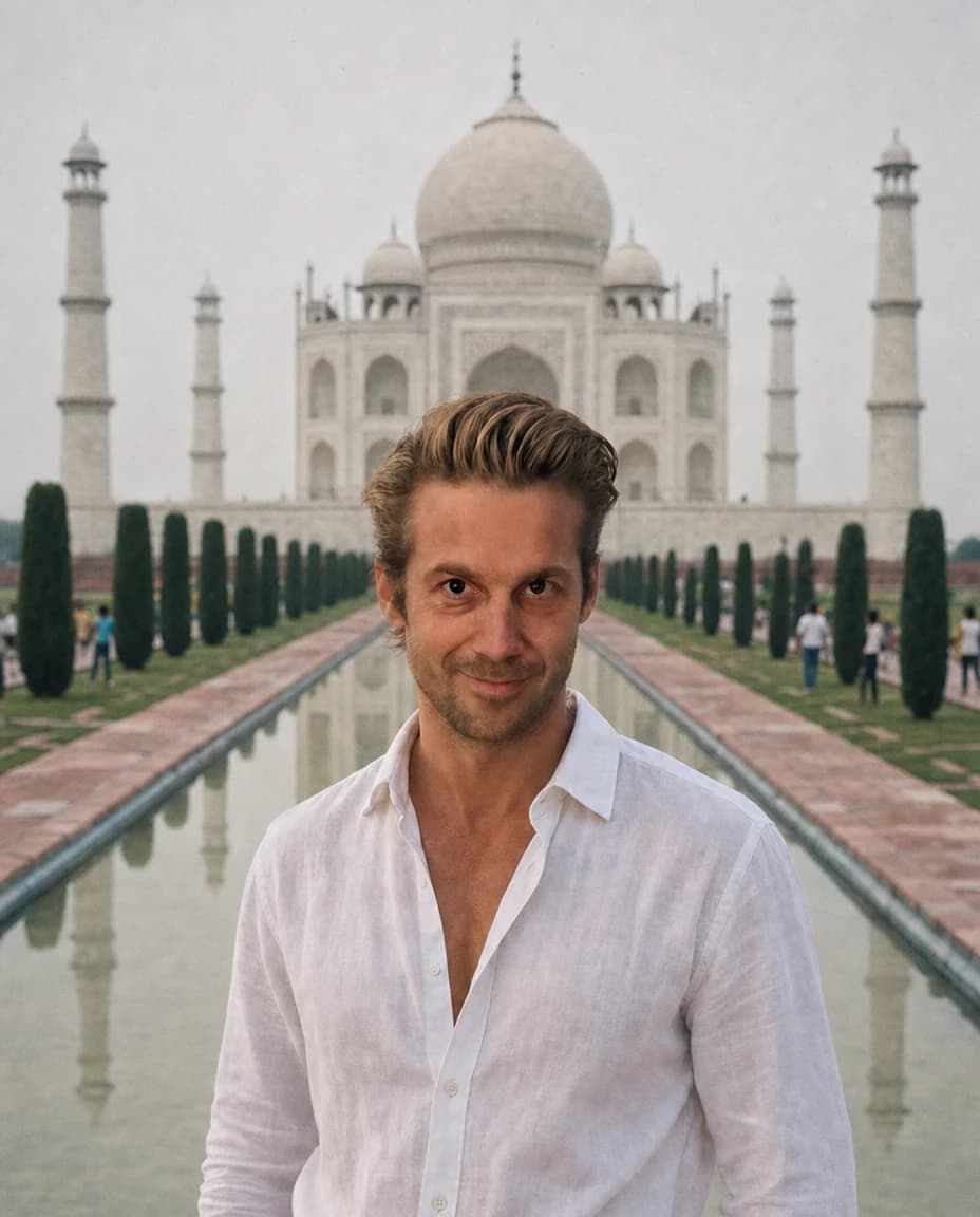 AI-generated portrait of founder Mathieu in front of the Taj Mahal at dawn